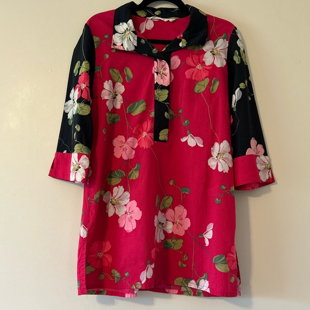 Soft Surroundings Medium Pink Black Floral Cotton Tunic Top Boho Asian 90’s